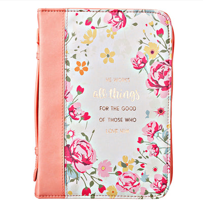 HE WORKS ALL THINGS FOR THE GOOD BIBLE COVER, LUXLEATHER, FLORAL, LARGE